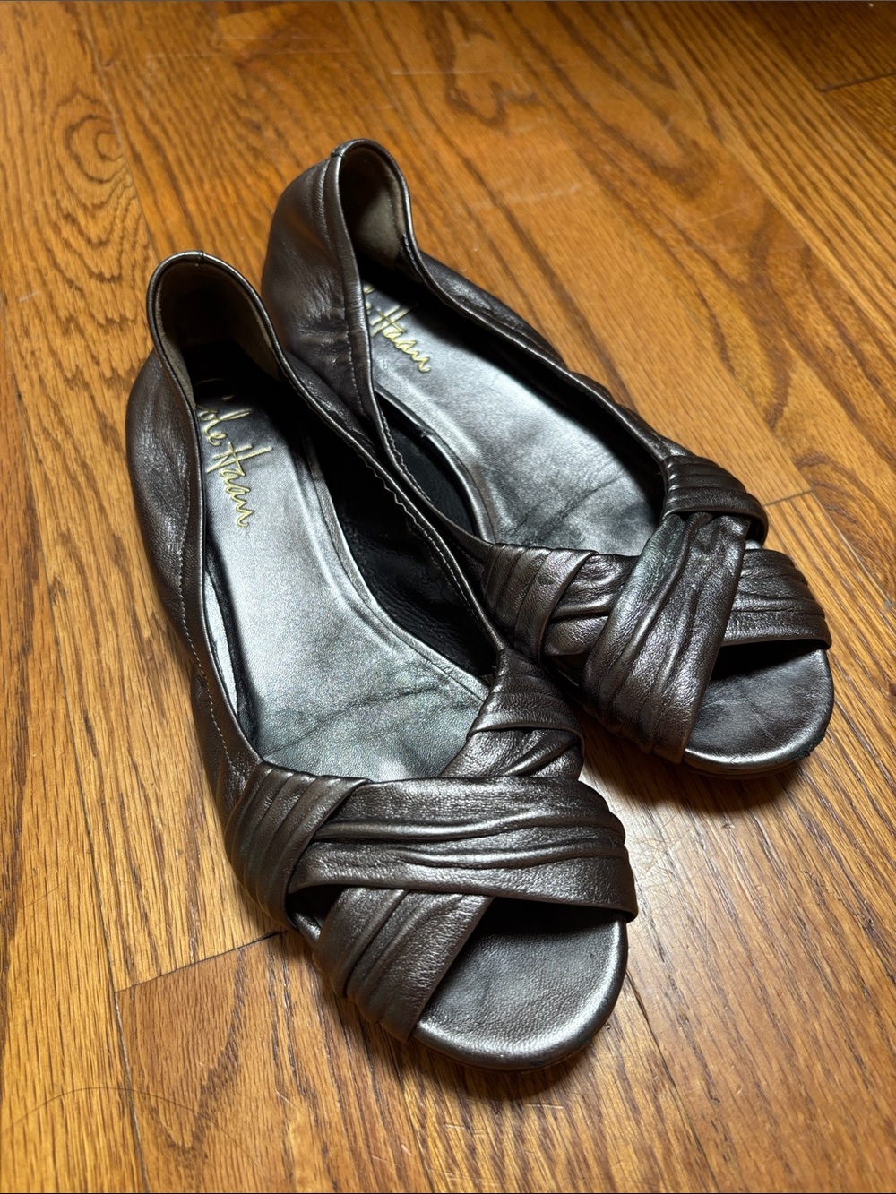 Cole Haan Metallic Silver Peep-Toe Flats 5.5